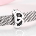 Minimalist S925 sterling silver heart charm bead on a silver mesh bracelet chain - Overlapping Hearts (PP0077)