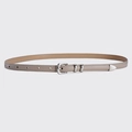 Minimalist light brown thin waist belt with silver buckle and metal tip for women - Beige