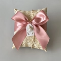 Detail of handmade bamboo gift box featuring pink satin bow and pearl pendant - Flat Box Pink Ribbon Style