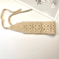 Ethnic handmade crochet headband with beige hollow flower pattern and woven ties - Beige Solid 2
