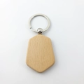 Hexagonal beech wood keychain with a silver metal ring shown on a clean white background - Shield Shape