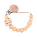 Pink silicone and wooden baby pacifier clip with natural beads for teething relief - Deep Skin