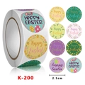 Roll of 2.5cm Happy Easter stickers with 8 colorful cartoon bunny and egg designs - Floral Border Easter Series (K-200) / 500 Pieces/Pack (Diameter 2.5cm)