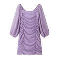 Elegant purple floral chiffon mini dress with square neck, puff sleeves and ruched design - S / Light Purple