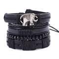 Men's stylish multi-layer black braided leather bracelet set with silver elephant charm - Elephant