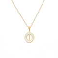 Golden necklace with circular white shell pendant featuring an inlaid letter I detail - Letter I