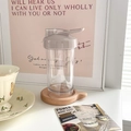 Portable macaron-style clear sports bottle with light grey flip lid and wooden base - 401-500ml / Brown