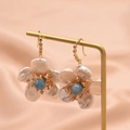 Floral earrings with white pearls and sky blue gemstone on a gold stand - Blue Style 11