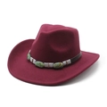 Detail of burgundy felt cowboy hat featuring green marble stone and silver thread trim - M(56-58cm) / Burgundy