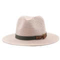 Detail of light pink fedora hat featuring green decorative band and leather buckle - Pink