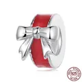 S925 sterling silver bow bead with red glitter enamel for DIY jewelry bracelets - Bowknot Spacer (SCC3209)