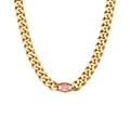 Golden 6.5mm Cuban link necklace with round pink zircon pendant for women - Necklace-Pink Zirconia