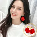 Red flocked petal earrings with pearl accent and golden studs shown on model - 23# Steel Needle - Red Petal Short Stud