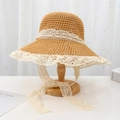 Khaki straw sun hat with white lace trim and ribbons for beach vacations - Machine Lace Khaki