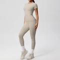 Full view of high-waist yoga set with short sleeve t-shirt in beige grey sports fabric - S / Camel Brown