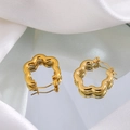 Golden titanium steel hoop earrings with petal wave design on white silk background - Gold Flower Petal Wave Hoop