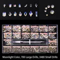 21-grid moonlight white nail rhinestone set with dual-ended dotting pen and mixed shapes - Moonlight (700 Big, 3480 Small)