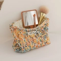 Portable large capacity cosmetic bag in colorful tweed fabric with secure zipper closure - Tweed Yellow Plaid