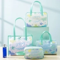 Four-piece mint green PVC toiletry bag set with butterfly print and travel handles - Green Butterfly (4-Piece Set)