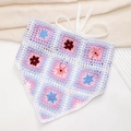 Detail of hand-crocheted granny square headscarf with 3D floral embroidery patterns - Beige Mixed Small Flower Bandana