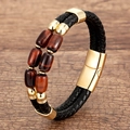 Men's double-layer braided leather bracelet with tiger eye stones and magnetic clasp - Style 1 / 23CM