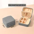 Portable dark grey square jewelry box with cross grain PU leather and vanity mirror - Gray (With Mirror)