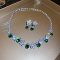 Silver jewelry set with green crystal square pendant necklace and matching earrings - 104# Necklace-Silver-Green