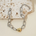 Interlocked textured silver chain bracelet with a gold heart pendant and adjustable clasp - Hammered Thick Chain-Heart / Bicolor-Heart Pendant (SL6330)