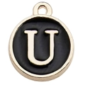 Round alloy charm pendant featuring golden letter U with black enamel finish for DIY jewelry - Letter U / 1 Piece (12x14mm) / Black