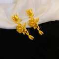 Detail of golden floral earrings with tassel texture on elegant white silk background - Matte Gold 3D Flower Bud / 42# Silver Post-Gold-Ear Clip (Single)