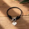 Handmade black woven rope couple bracelet with silver heart charm and toggle clasp - Black Braided Rope - OT Buckle - Heart Pendant