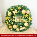 Couronne de Noël 30cm avec boules dorées, étoiles, noeuds et lumières LED - 30cm / Style lumière chaude / Or