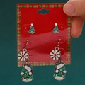 Festive green Christmas tree stud earrings and snowman snowflake pendants on red card - Xmas Tree Snowman (A-1484)