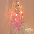 Pink handmade dreamcatcher with warm LED lights and feathers for home decoration - With Lights / Pink