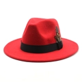 Close-up of red wool felt fedora featuring a wide black ribbon and natural feathers - M (56-58cm) / Red