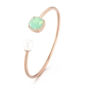 Rose gold C-shaped cuff bracelet with square mint green gemstone and white pearl detail - Aqua Green Gemstone + Rose Gold (KB123030-K)