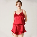 Women's red two-piece silk pajama set with V-neck camisole and ruffled shorts - S / Red
