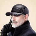 Men's winter black leather baseball cap with grey faux fur earflaps and thermal lining - Adjustable-Thickened / Fleece Lined Leather-Grey