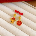Red bow stud earrings with cute God of Wealth and greeting tags in golden finish - 16# Golden God of Wealth Fortune Ear Studs
