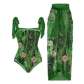 Dreiteiliges Bikini-Set mit grünem Blumendruck, Schleifenträgern und passendem langen Sarong - S / Oberteil Und Unterteil / Grüne Blumenserie