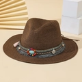 Cappello panama in paglia marrone scuro con perline etniche e dettagli con nappe - M (56-58cm) / Caffè scuro