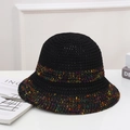 Women black straw sun hat with colorful knit stripes and elegant bow for beach vacation - Double Loop Color Thread - Black