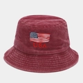 Detail of vintage washed wine red bucket hat with American flag and USA embroidery - Burgundy