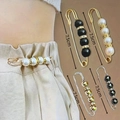 Adjustable 7.5cm pearl waist pin brooch in four metallic finishes for pants and skirts - No. 27 Black/White/Gold/Gun 4-Piece Set