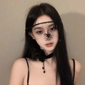 Gothic Halloween set featuring a black lace spider eye mask and rose choker necklace - Black Spider Mesh Decor Set