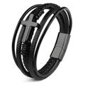 Men's multi-layer black leather bracelet with metal cross and magnetic clasp closure - Multi-layer Black Cross / 19cm