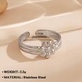 Silver stainless steel double band floral ring with a 3D flower and adjustable design - 565 / Silver