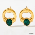 Detail of vintage gold-plated hoop earrings featuring faceted oval green gemstones - Oval Green Gemstone Textured Earrings (KDE898)