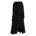 Women's black one-piece swimsuit featuring a large floral accent and asymmetrical ruffles - One Size / Black Wrap Skirt