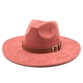 Detail of coral pink faux suede fedora featuring a woven brown band and silver buckle - M (56-59cm) / Brick Red (Suede)